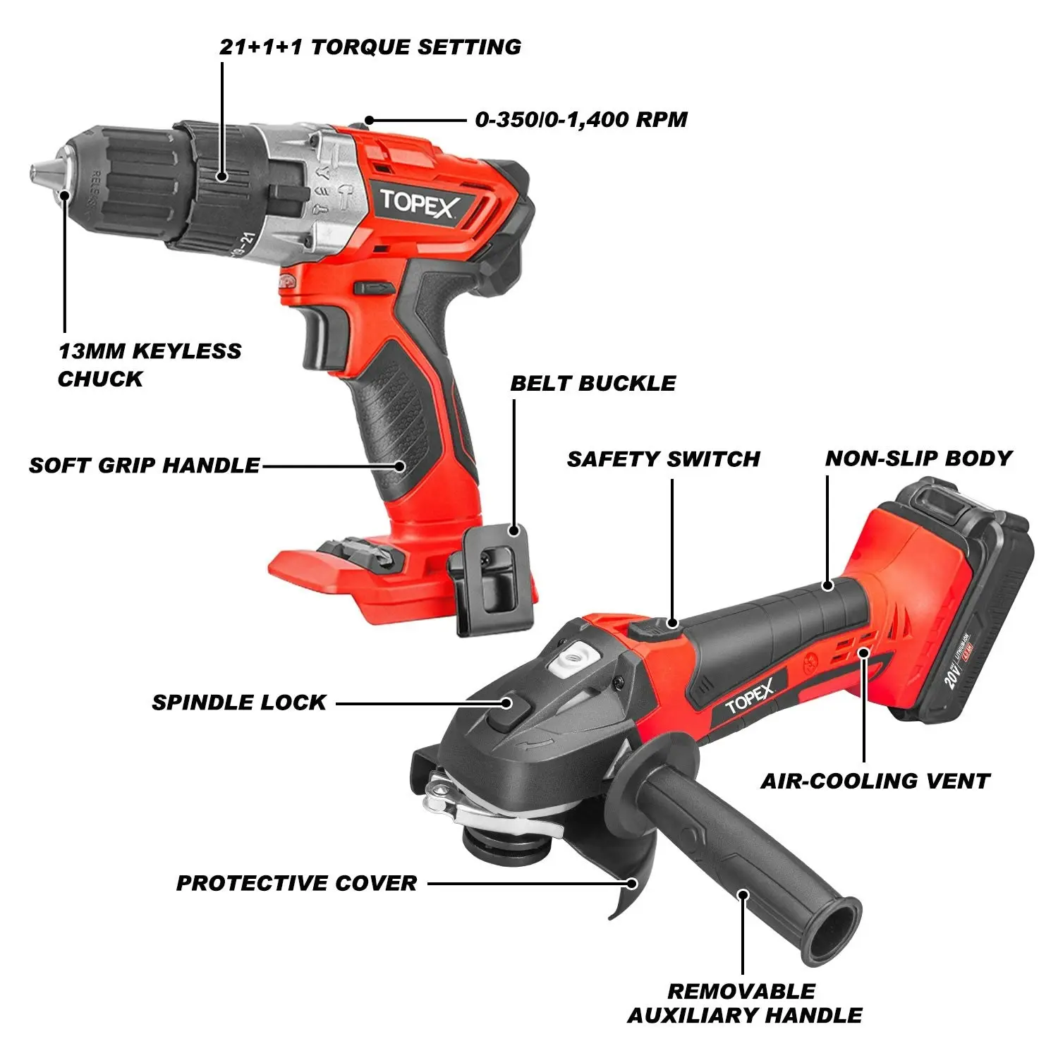 Topex 20V Cordless Power Tool Kit Cordless Drill Angle Grinder w/ 4.0Ah Battery & Fast Charger