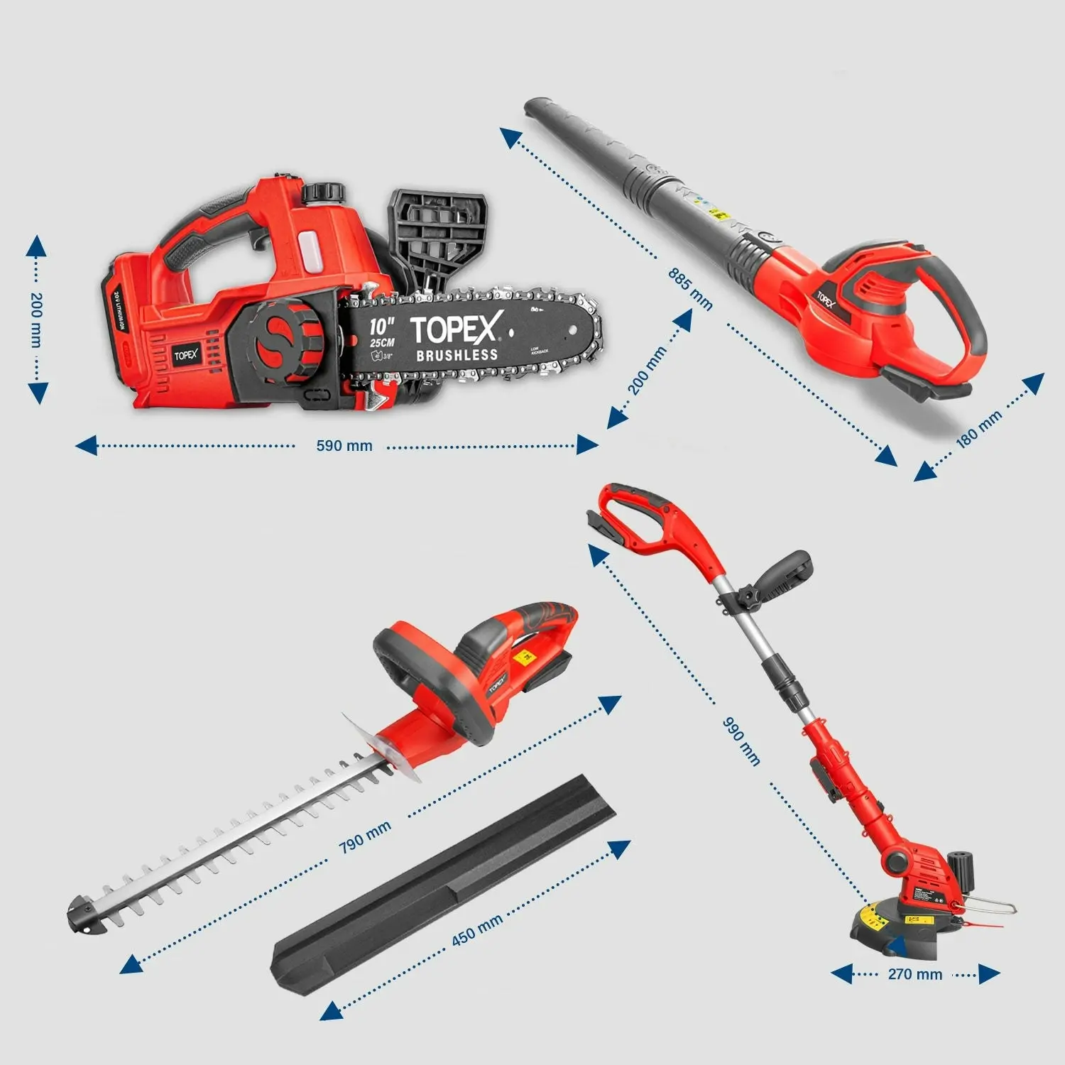 Topex 20V Cordless Power Tool Kit Chainsaw Hedge Trimmer Leaf Blower Grass Trimmer