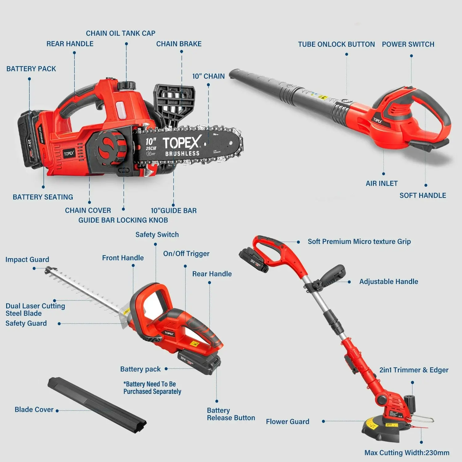 Topex 20V Cordless Power Tool Kit Chainsaw Hedge Trimmer Leaf Blower Grass Trimmer