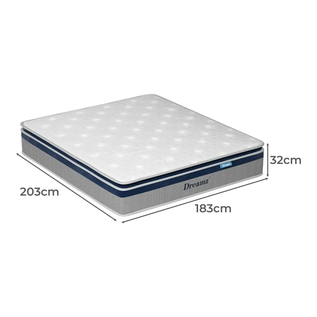 Dreamz Spring Mattress Pillow Top 7 Zone Pocket Spring  Memory Foam 32CM King