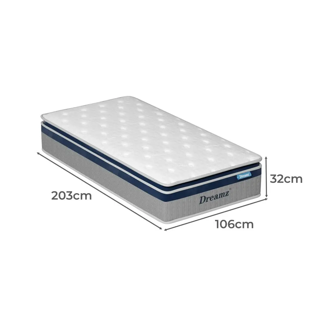 Dreamz  Mattress Pillow Top 7 Zone Pocket Spring  Memory Foam 32CM King Single