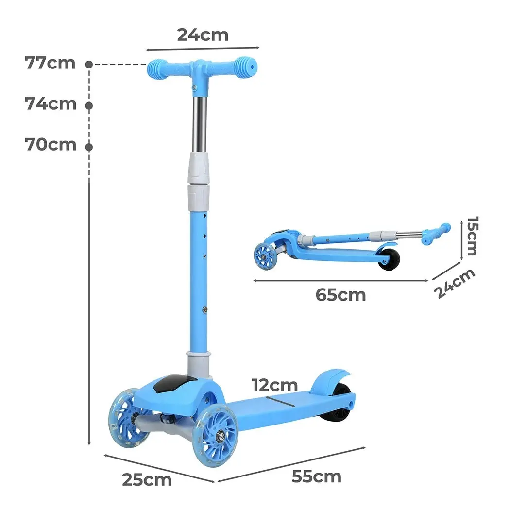 BoPeep Foldable Kids Scooter Adjustable Height Flashing LED Music 3 Wheels Blue