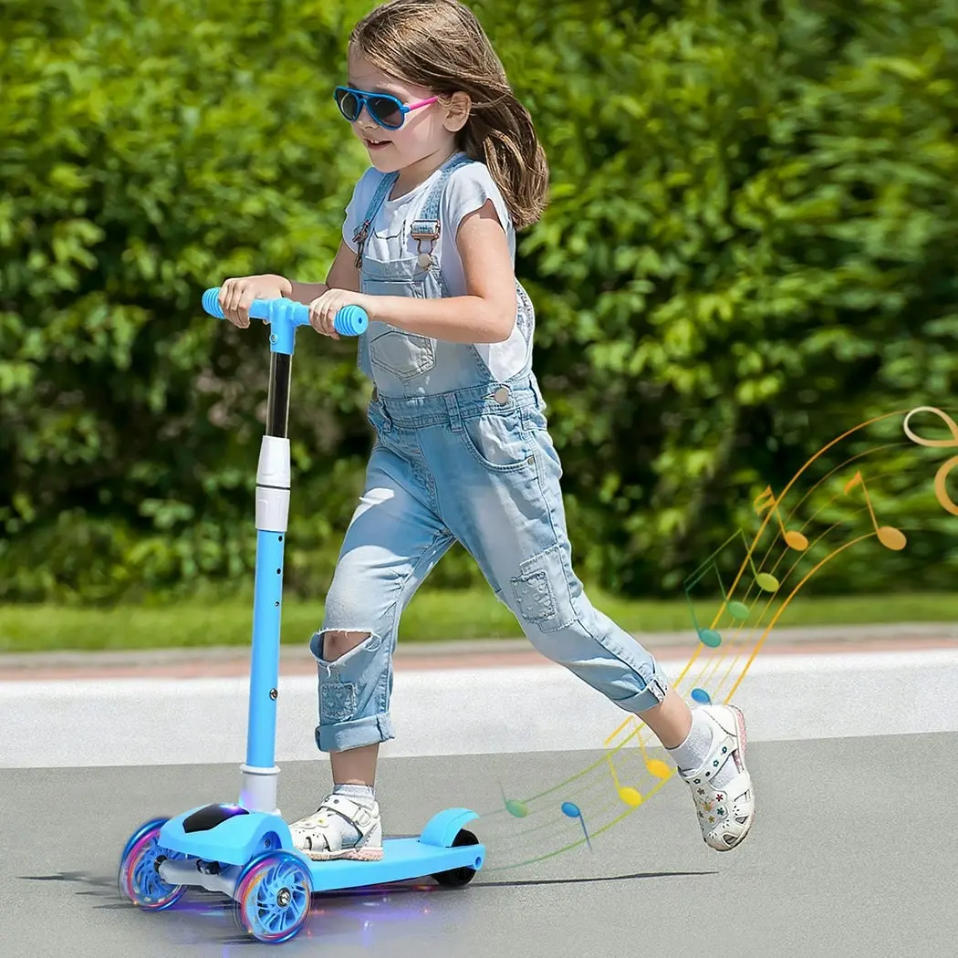 BoPeep Foldable Kids Scooter Adjustable Height Flashing LED Music 3 Wheels Blue