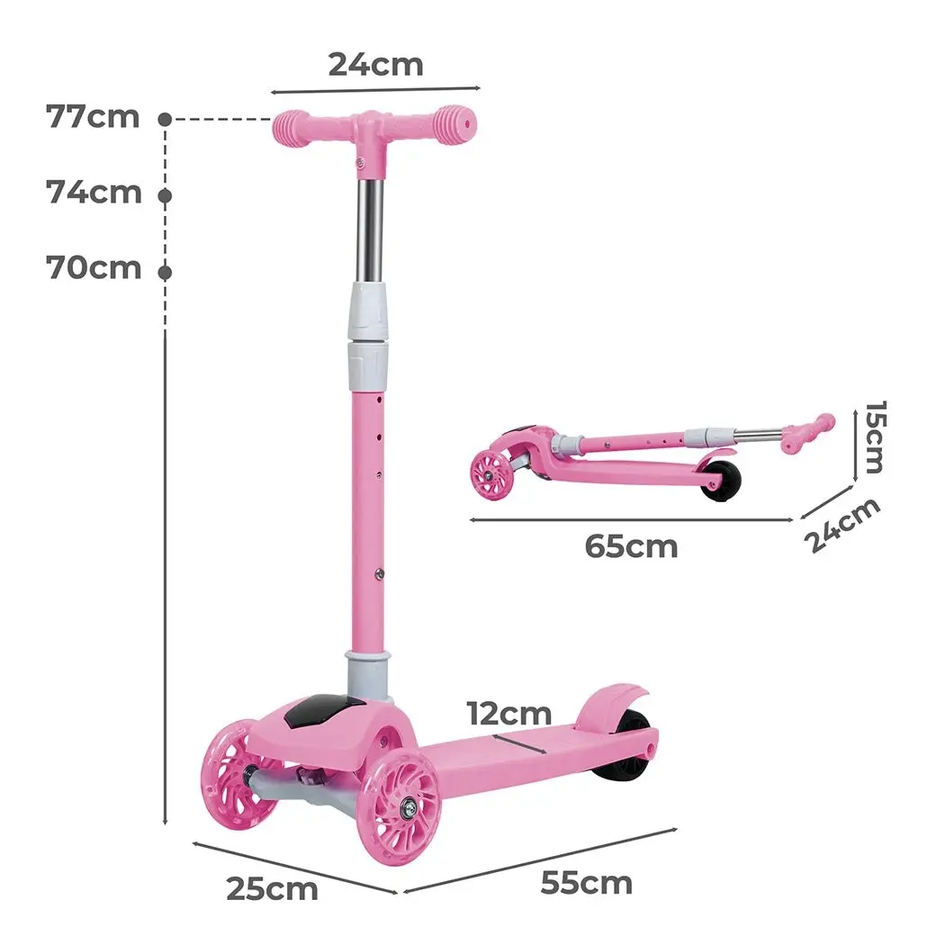 BoPeep Foldable Kids Scooter Adjustable Height Flashing LED Music 3 Wheels Pink