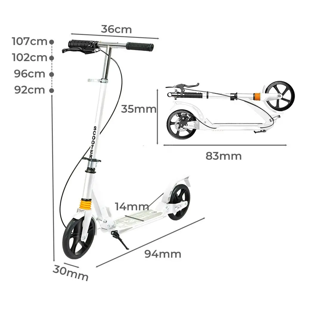 Monvelo Adult Commuter Foldable Scooter Push Kick 2 Big Wheel Disc Brake White