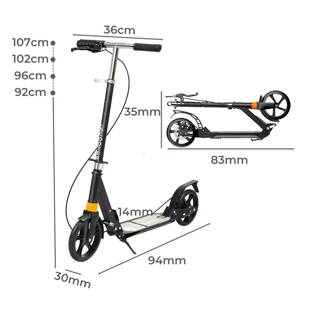 Monvelo Adult Commuter Foldable Scooter Push Kick 2 Big Wheel Disc Brake Black