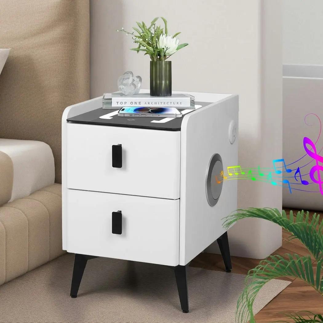 Levede Smart Bedside Table Wireless Charging LED Lights 2 Drawers Storage