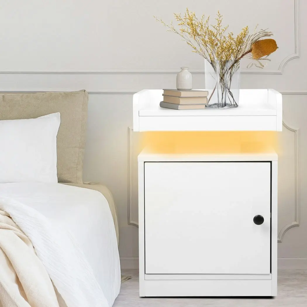 Levede Bedside Table USB Charger Outlet RGB LED Light Storage Cabinet White