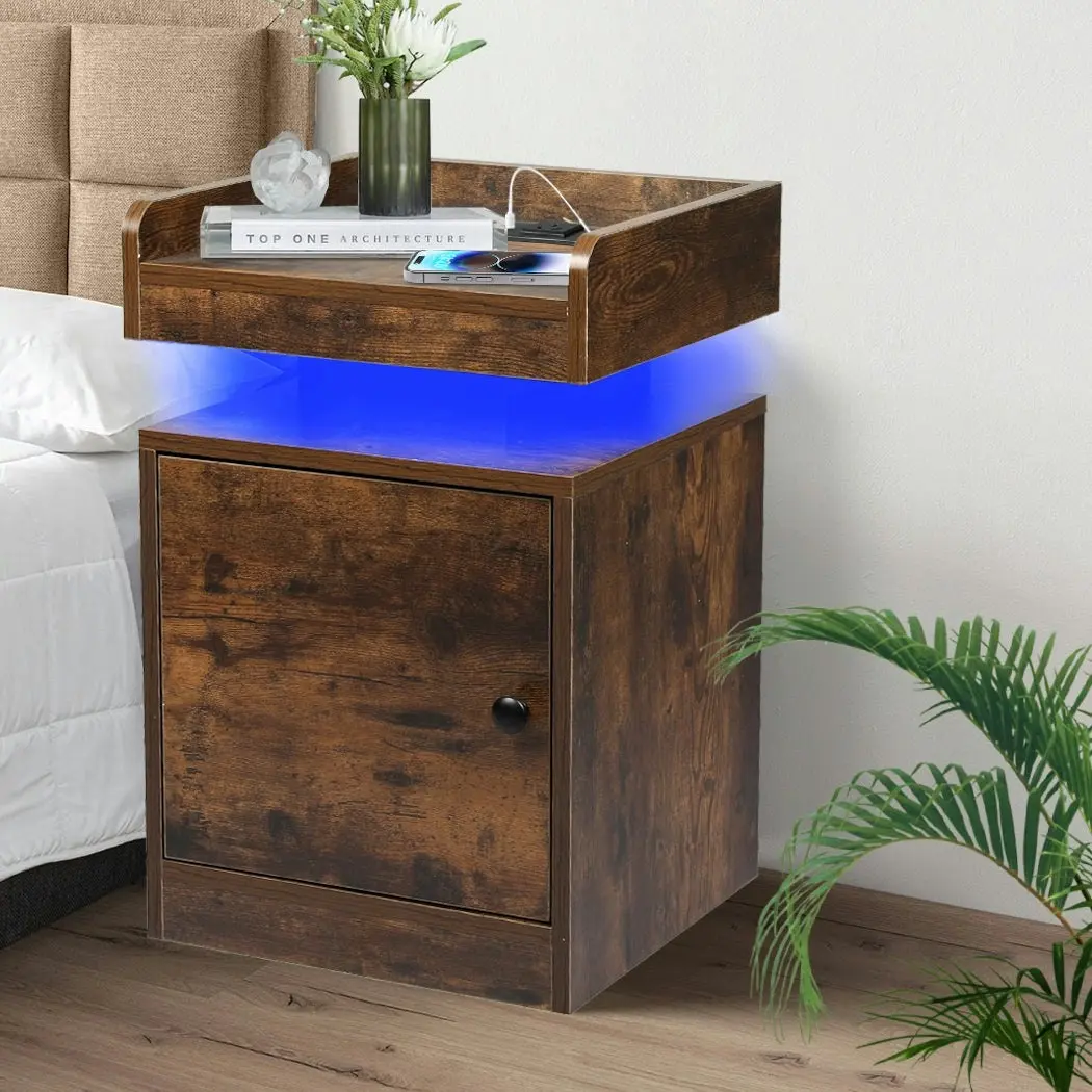 Levede Bedside Table USB Charger Outlet RGB LED Light Storage Cabinet Oak