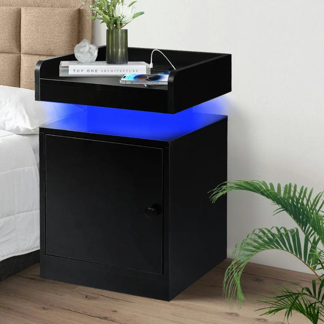 Levede Bedside Table USB Charger Outlet RGB LED Light Storage Cabinet Black