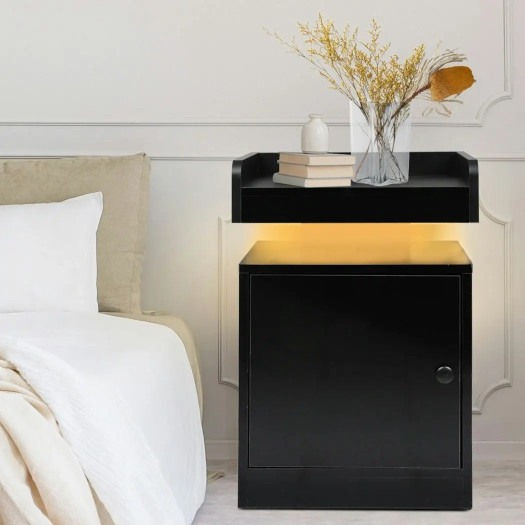 Levede Bedside Table USB Charger Outlet RGB LED Light Storage Cabinet Black