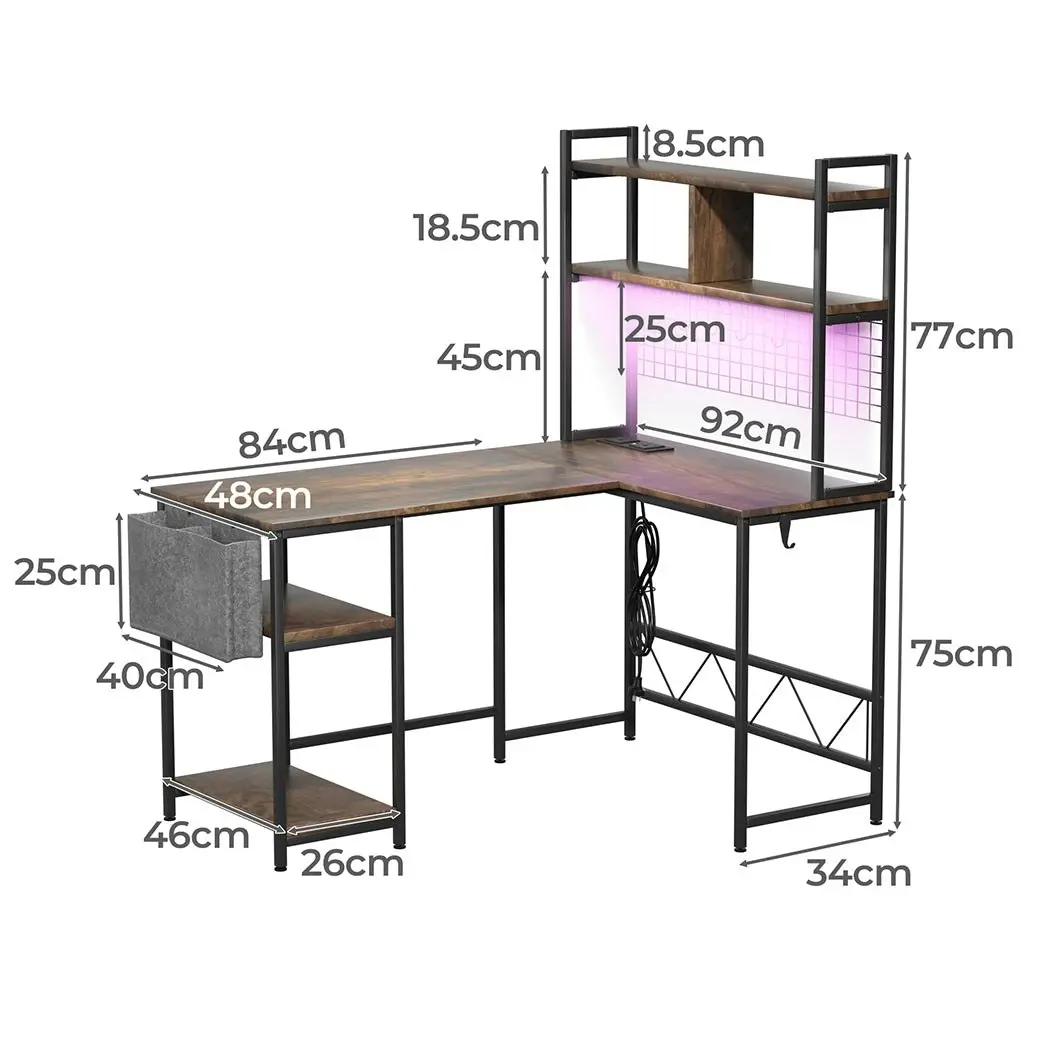 Levede L Shaped Gaming Desk Corner Desk LED Lights Built-in Power Outlet Brown