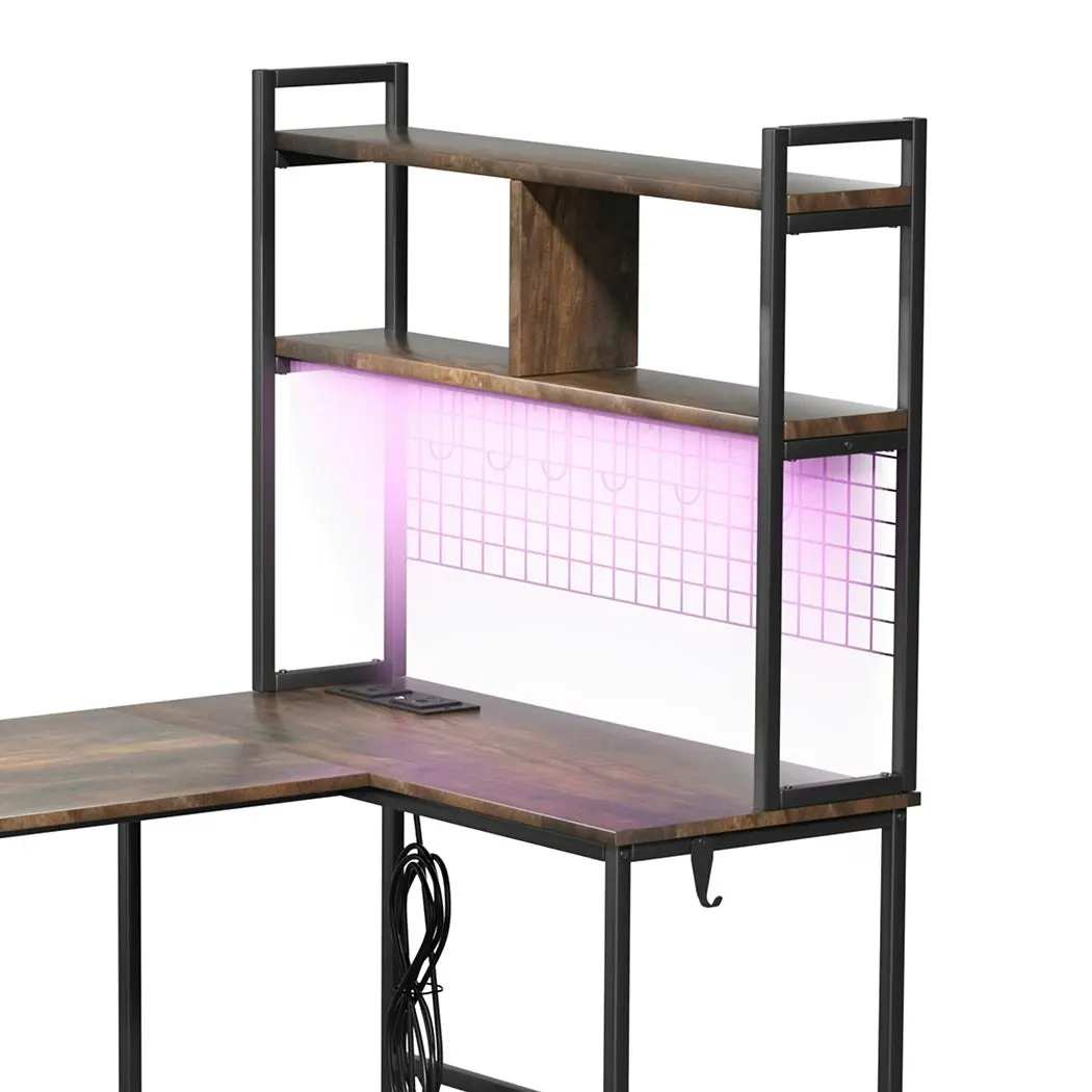 Levede L Shaped Gaming Desk Corner Desk LED Lights Built-in Power Outlet Brown