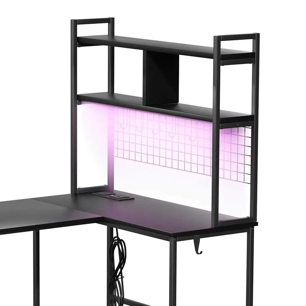 Levede L Shaped Gaming Desk Corner Desk LED Lights Built-in Power Outlet Black