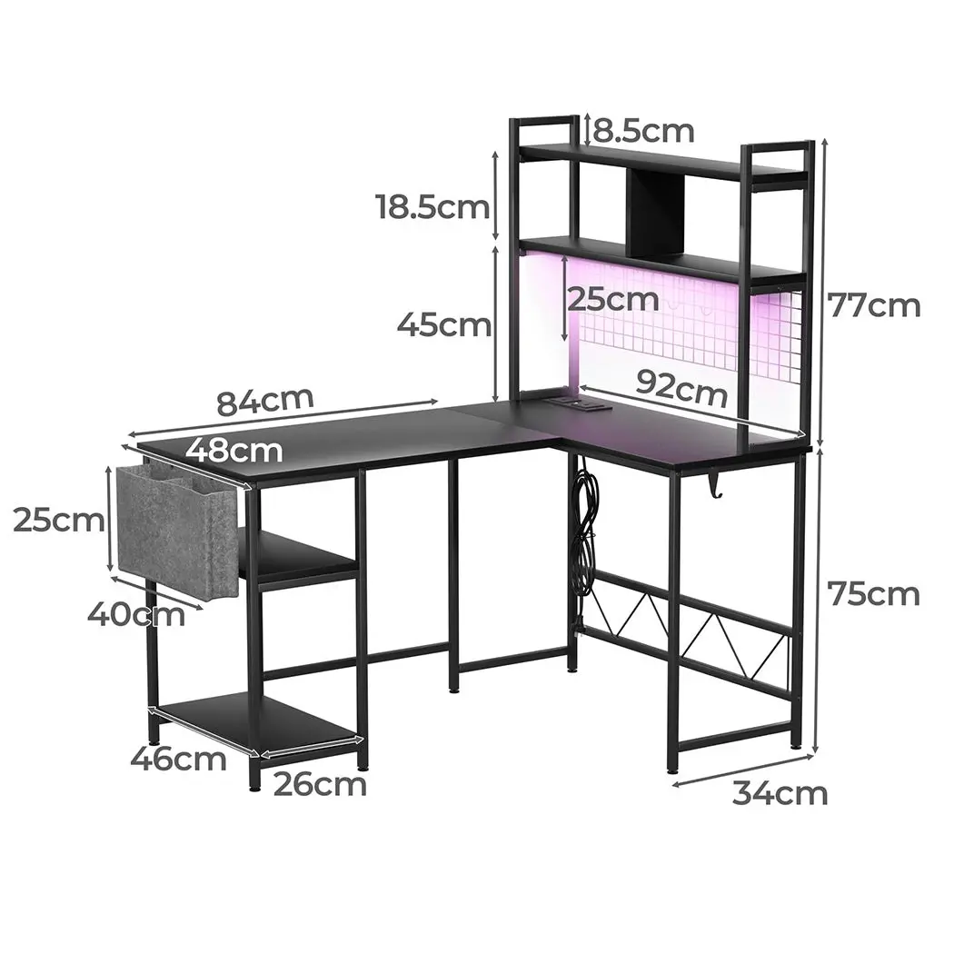 Levede L Shaped Gaming Desk Corner Desk LED Lights Built-in Power Outlet Black