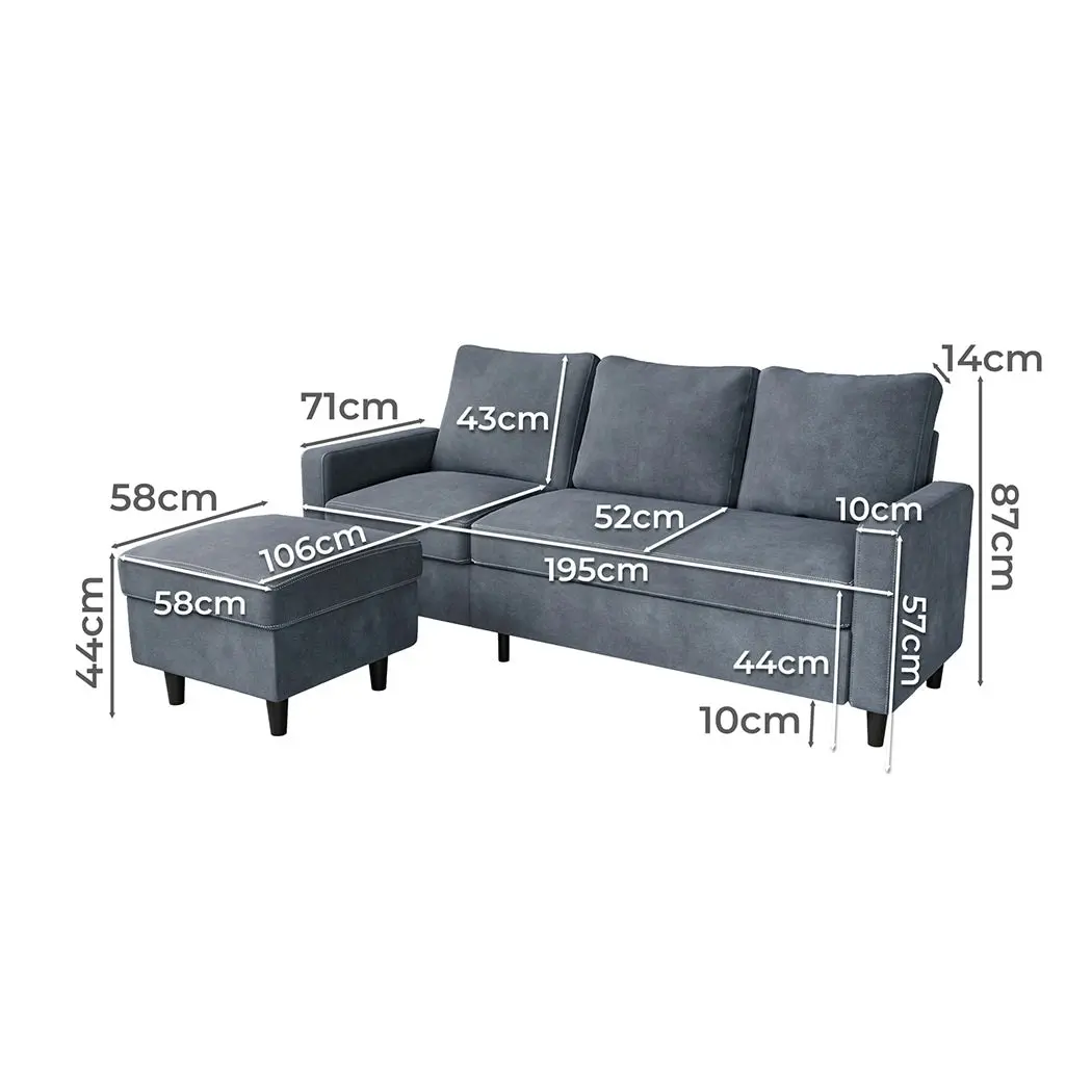 Levede 3 Seater Sofa L-Shaped Convertible Modular Couch Lounge Ottoman 195cm