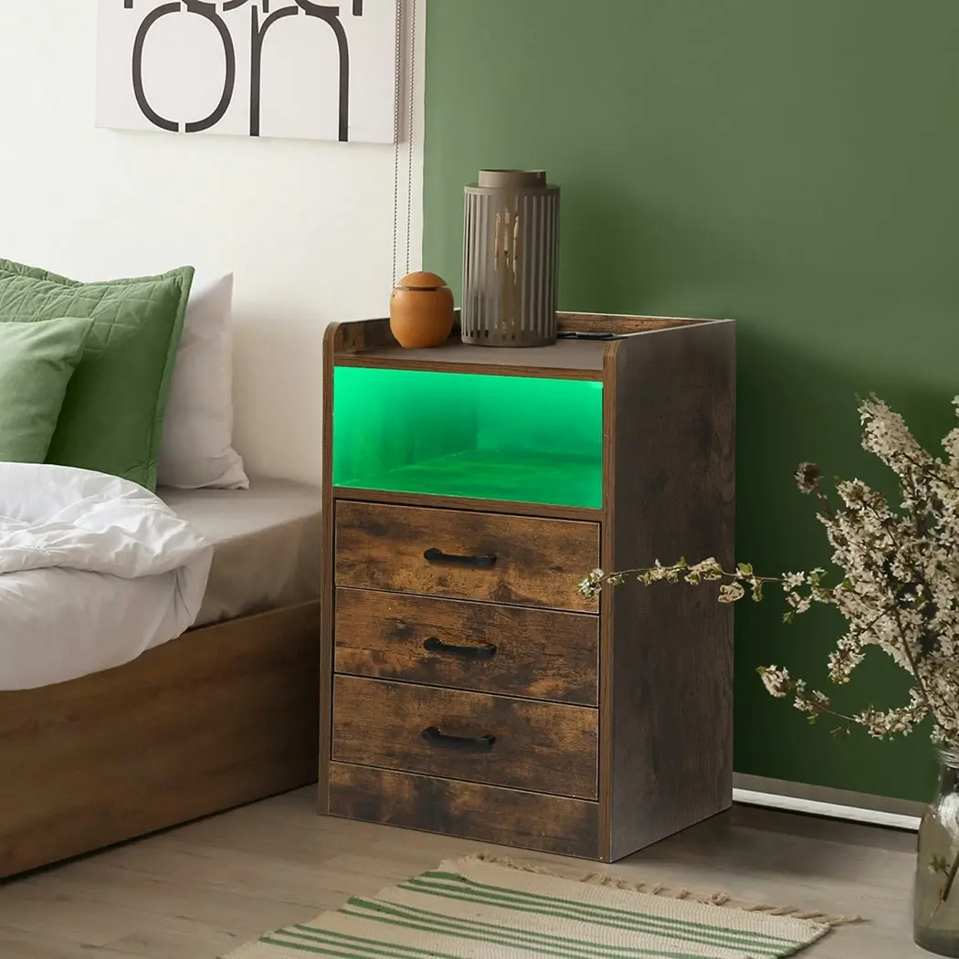 Levede Bedside Table Nightstand USB Charger Outlet RGB LED 3 Drawers Oak