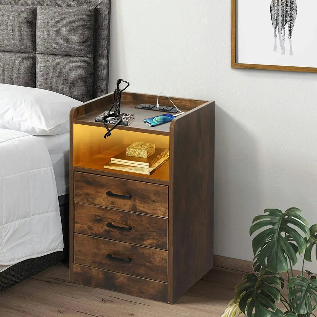 Levede Bedside Table Nightstand USB Charger Outlet RGB LED 3 Drawers Oak