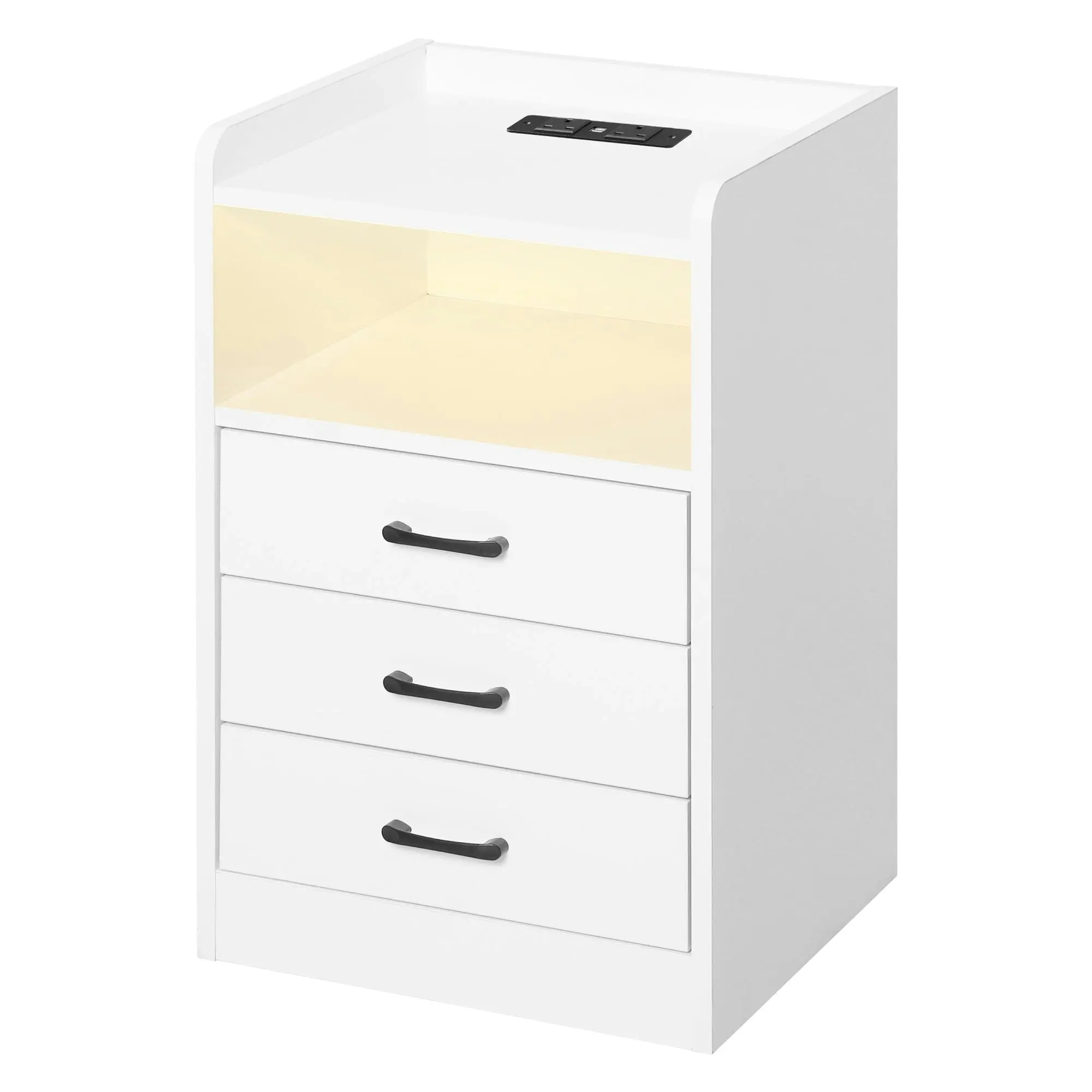 Levede Bedside Table Nightstand USB Charger Outlet RGB LED 3 Drawers White