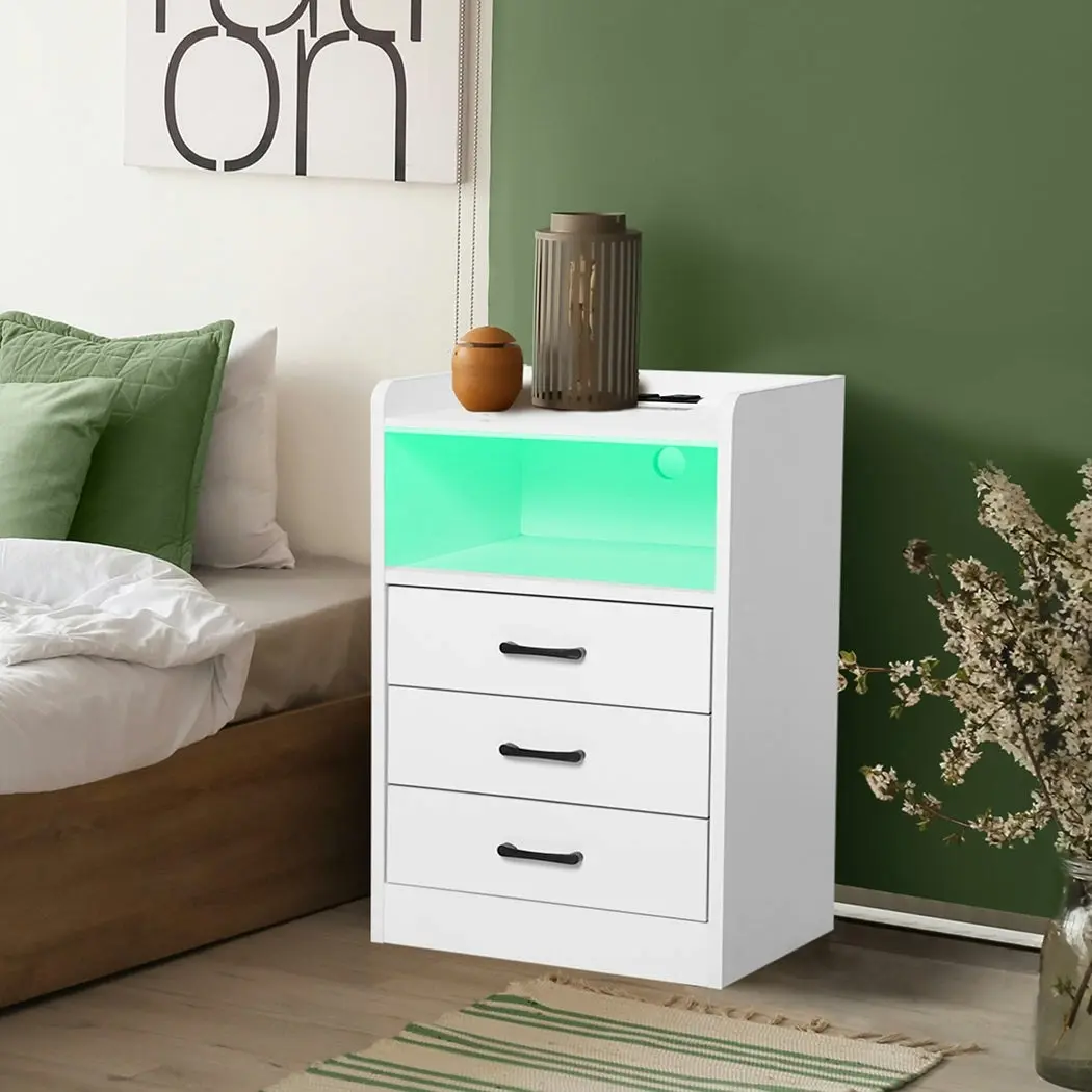 Levede Bedside Table Nightstand USB Charger Outlet RGB LED 3 Drawers White