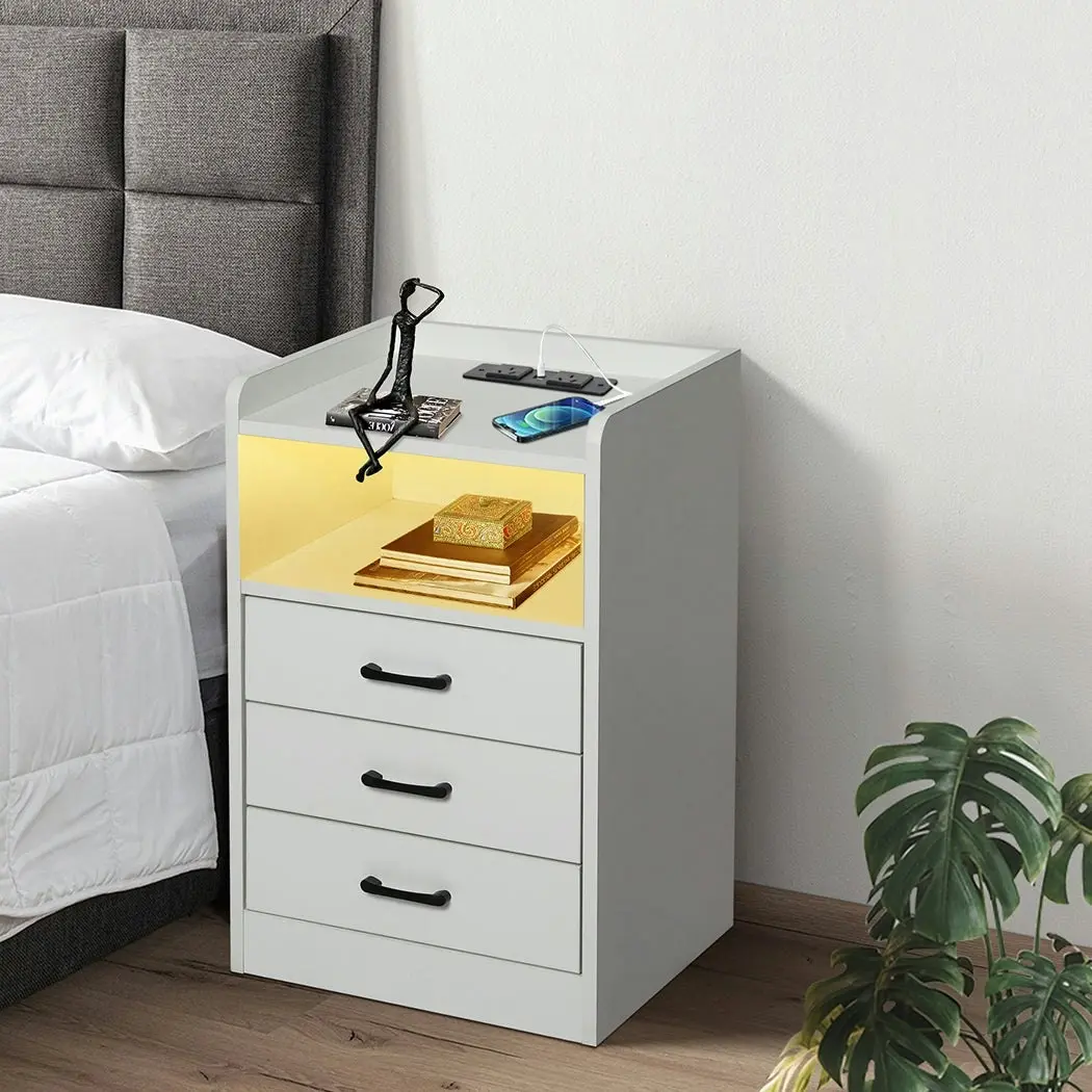 Levede Bedside Table Nightstand USB Charger Outlet RGB LED 3 Drawers White