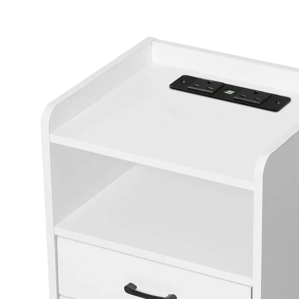 Levede Bedside Table Nightstand USB Charger Outlet RGB LED 3 Drawers White