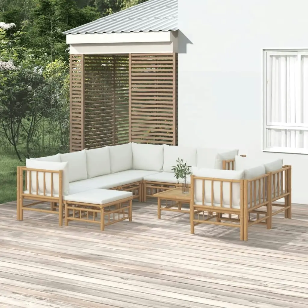 10 Piece Garden Lounge Set with Cream White Cushions  Bamboo 3155192