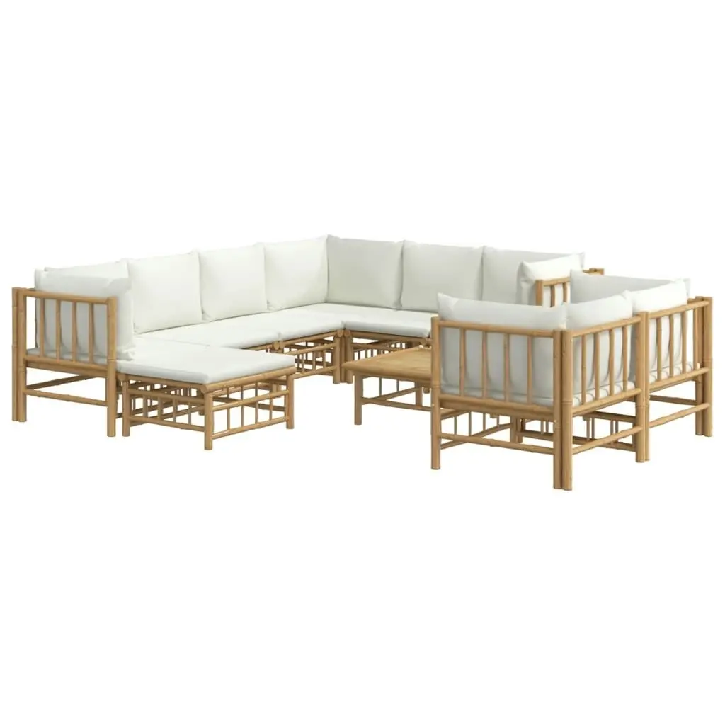 10 Piece Garden Lounge Set with Cream White Cushions  Bamboo 3155192