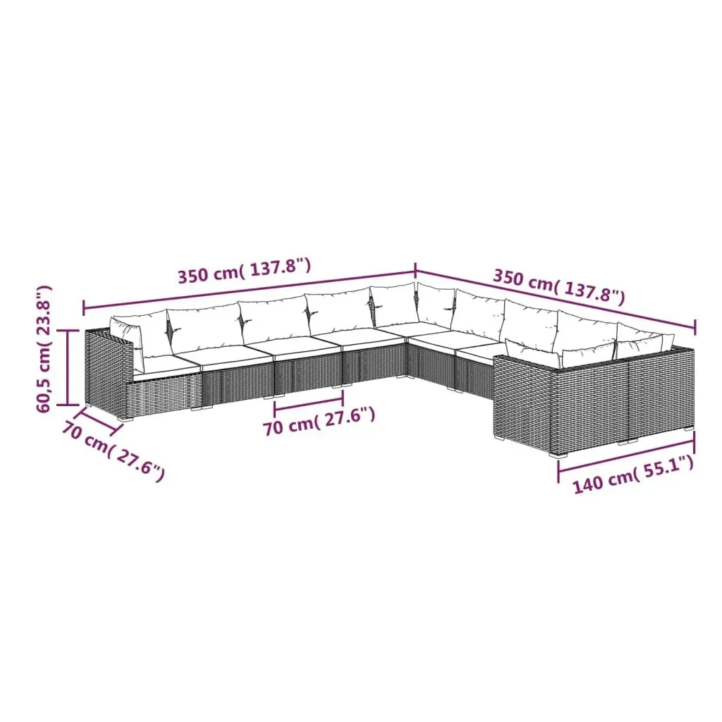 10 Piece Garden Lounge Set with Cushions Poly Rattan Brown 3102795