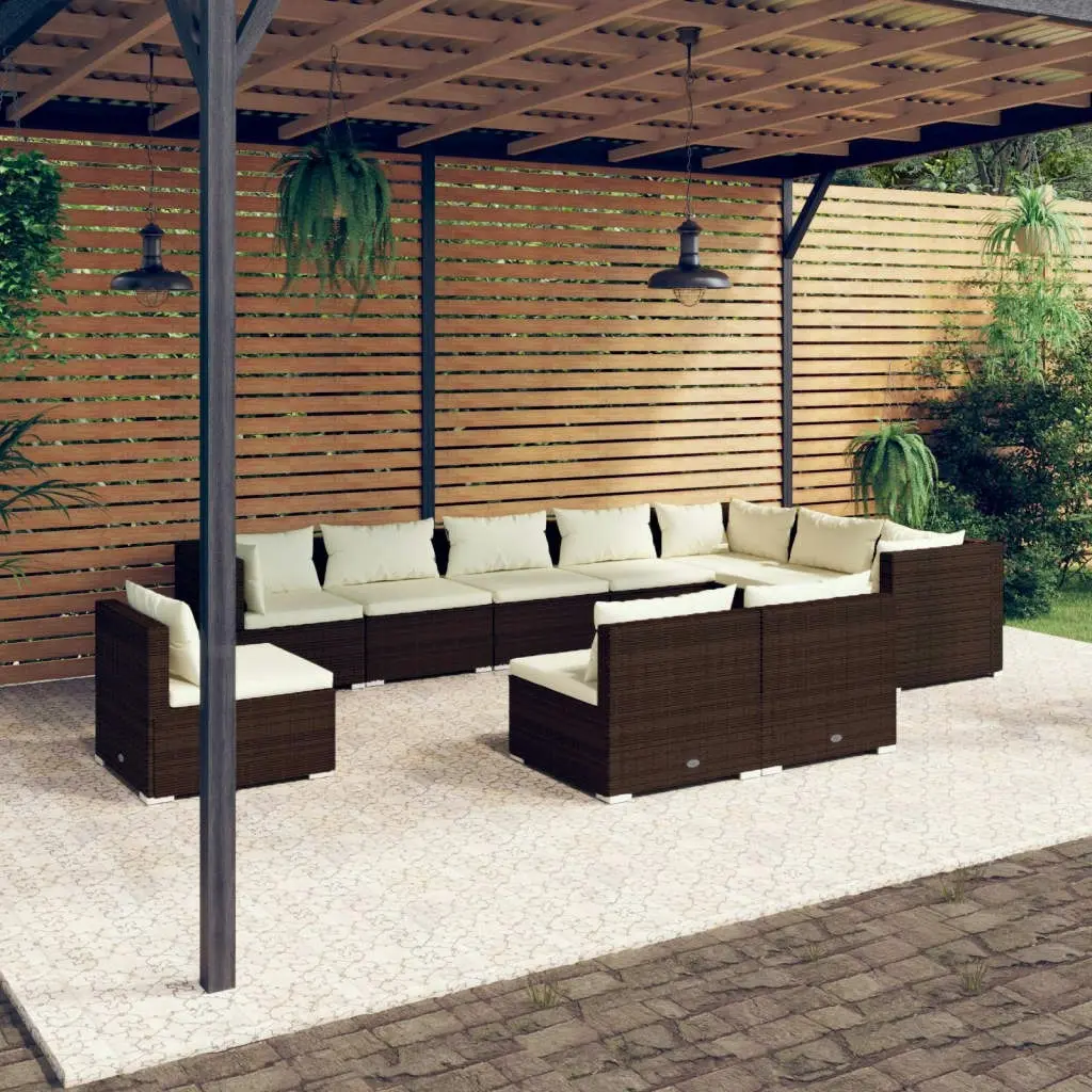 10 Piece Garden Lounge Set with Cushions Poly Rattan Brown 3102594