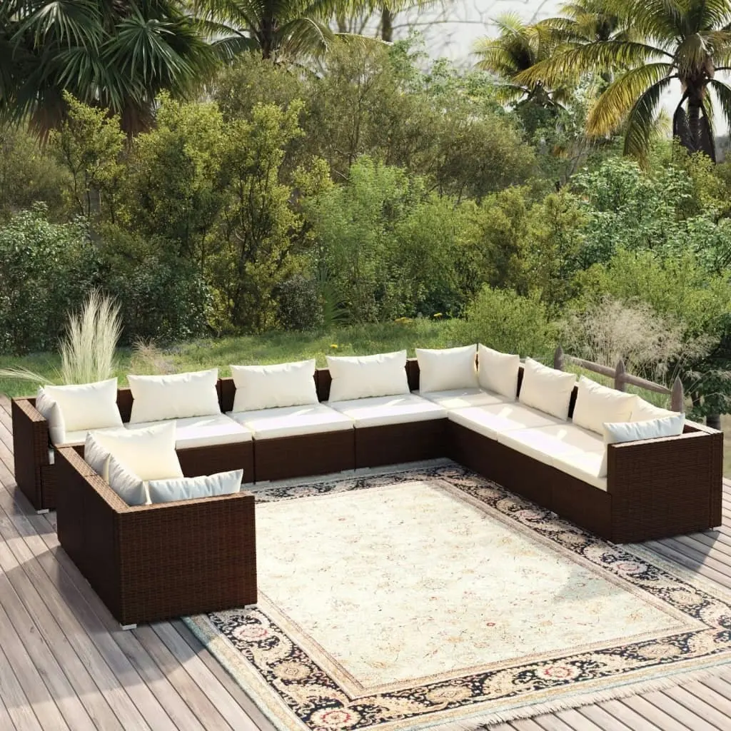 10 Piece Garden Lounge Set with Cushions Brown Poly Rattan 3102514