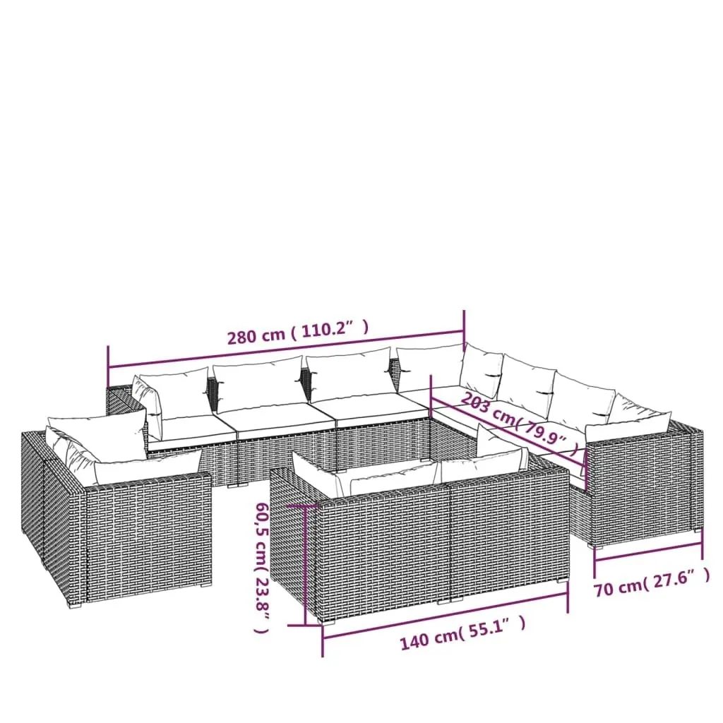 11 Piece Garden Lounge Set with Cushions Black Poly Rattan 3102872