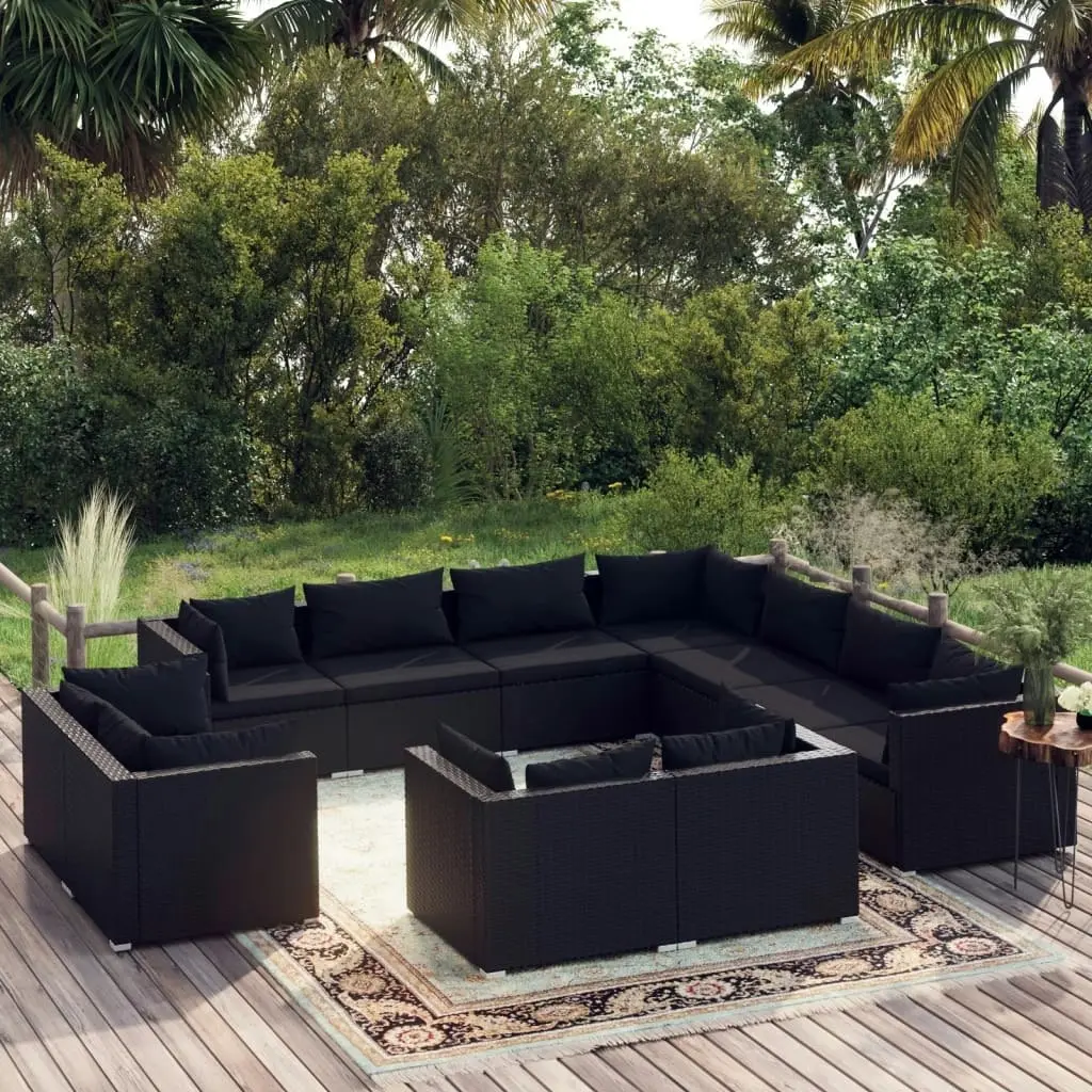 11 Piece Garden Lounge Set with Cushions Black Poly Rattan 3102872