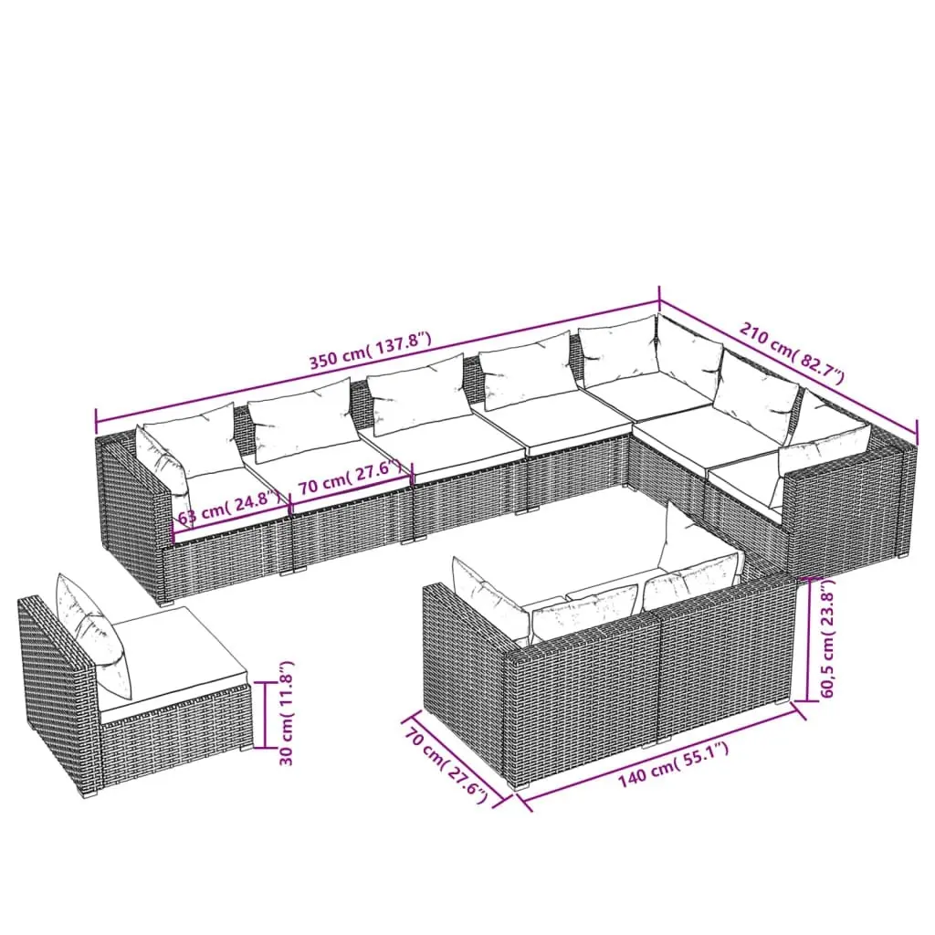 10 Piece Garden Lounge Set with Cushions Poly Rattan Brown 3102659