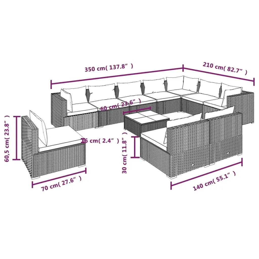 11 Piece Garden Lounge Set with Cushions Poly Rattan Grey 3102606