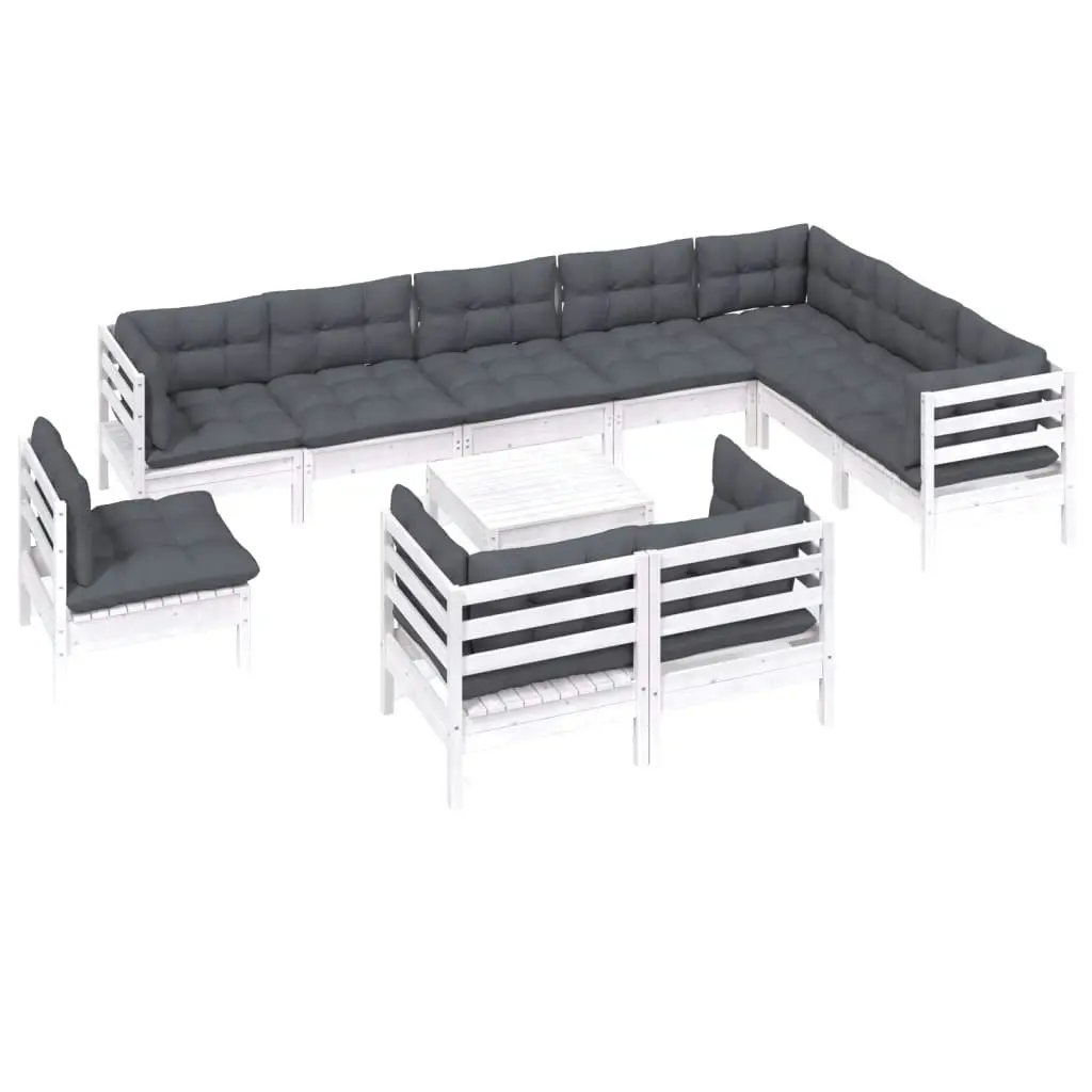 11 Piece Garden Lounge Set with Cushions White Solid Pinewood 3096786