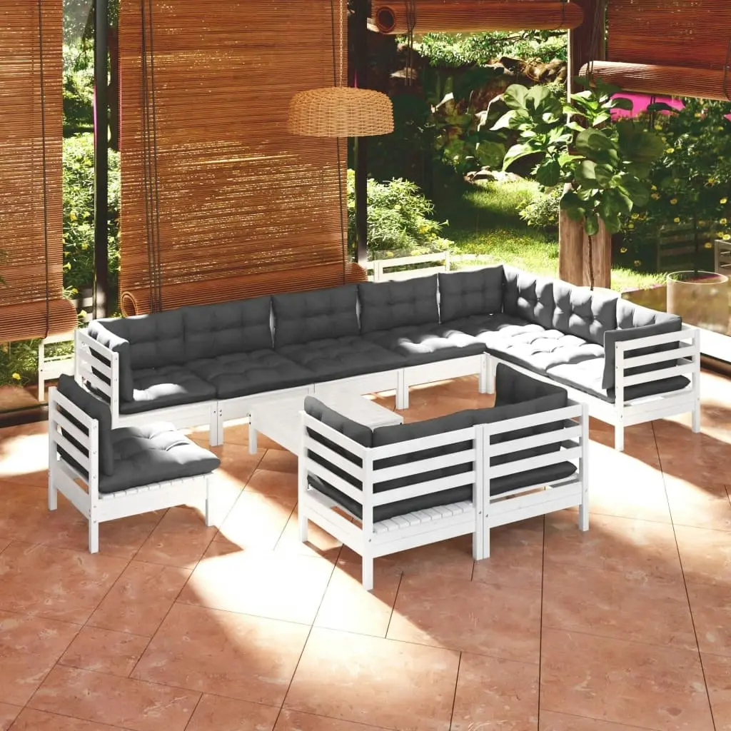 11 Piece Garden Lounge Set with Cushions White Solid Pinewood 3096786