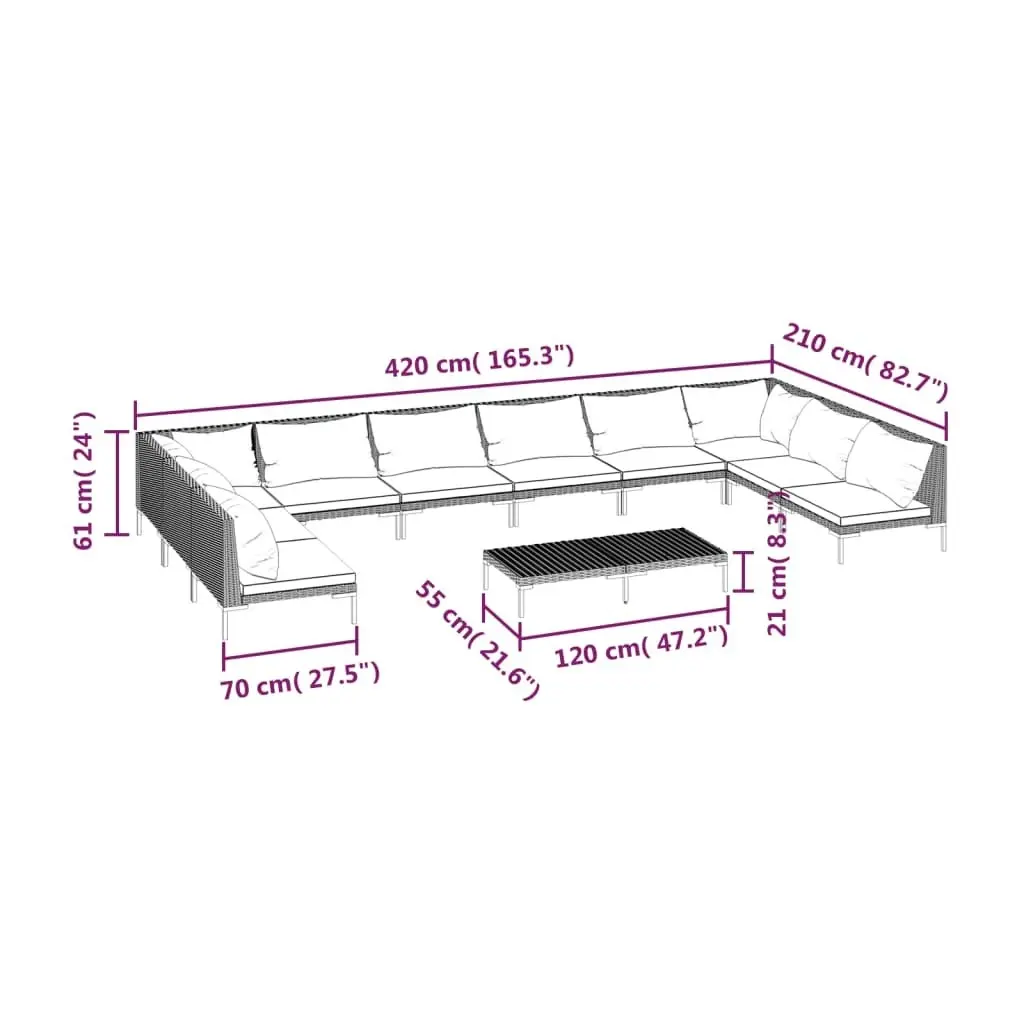 11 Piece Garden Lounge Set with Cushions Poly Rattan Dark Grey 3099925