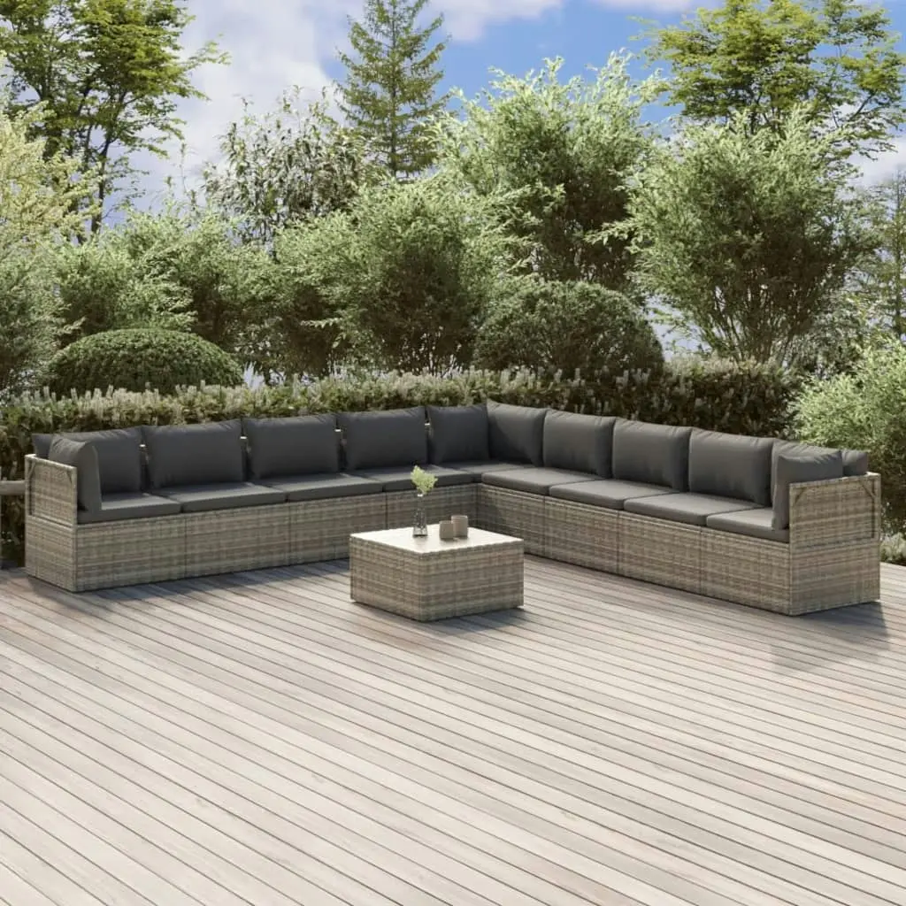 10 Piece Garden Lounge Set with Cushions Grey Poly Rattan 3157410