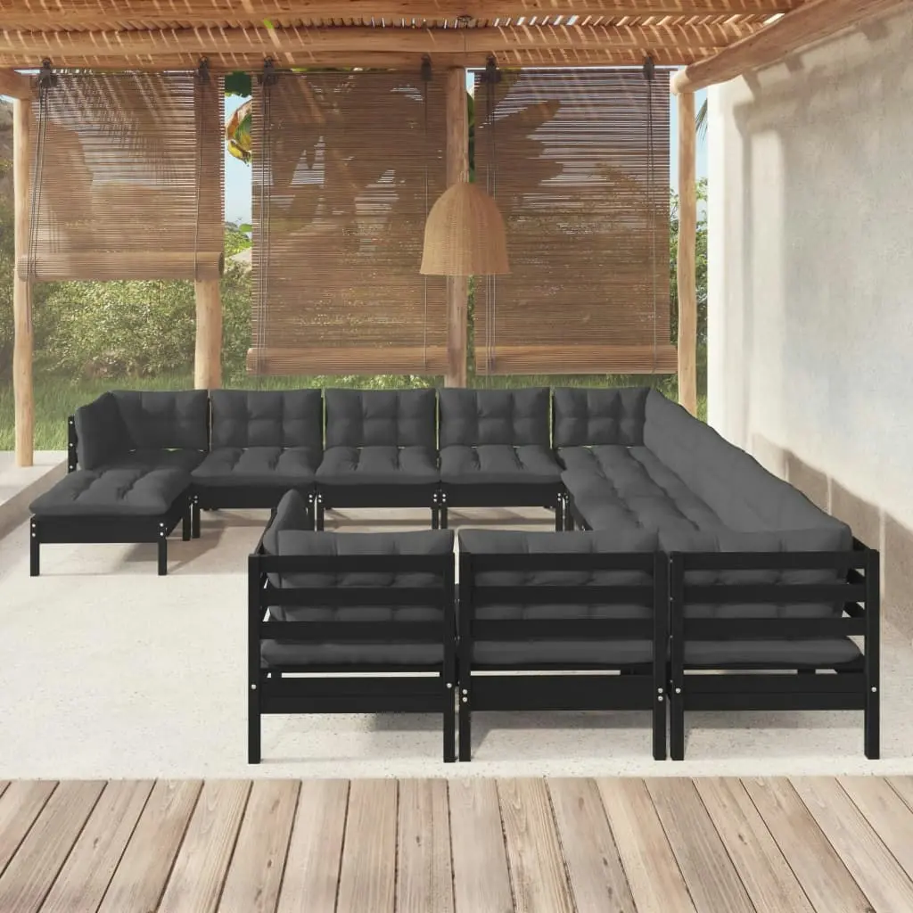 12 Piece Garden Lounge Set with Cushions Black Pinewood 3097071