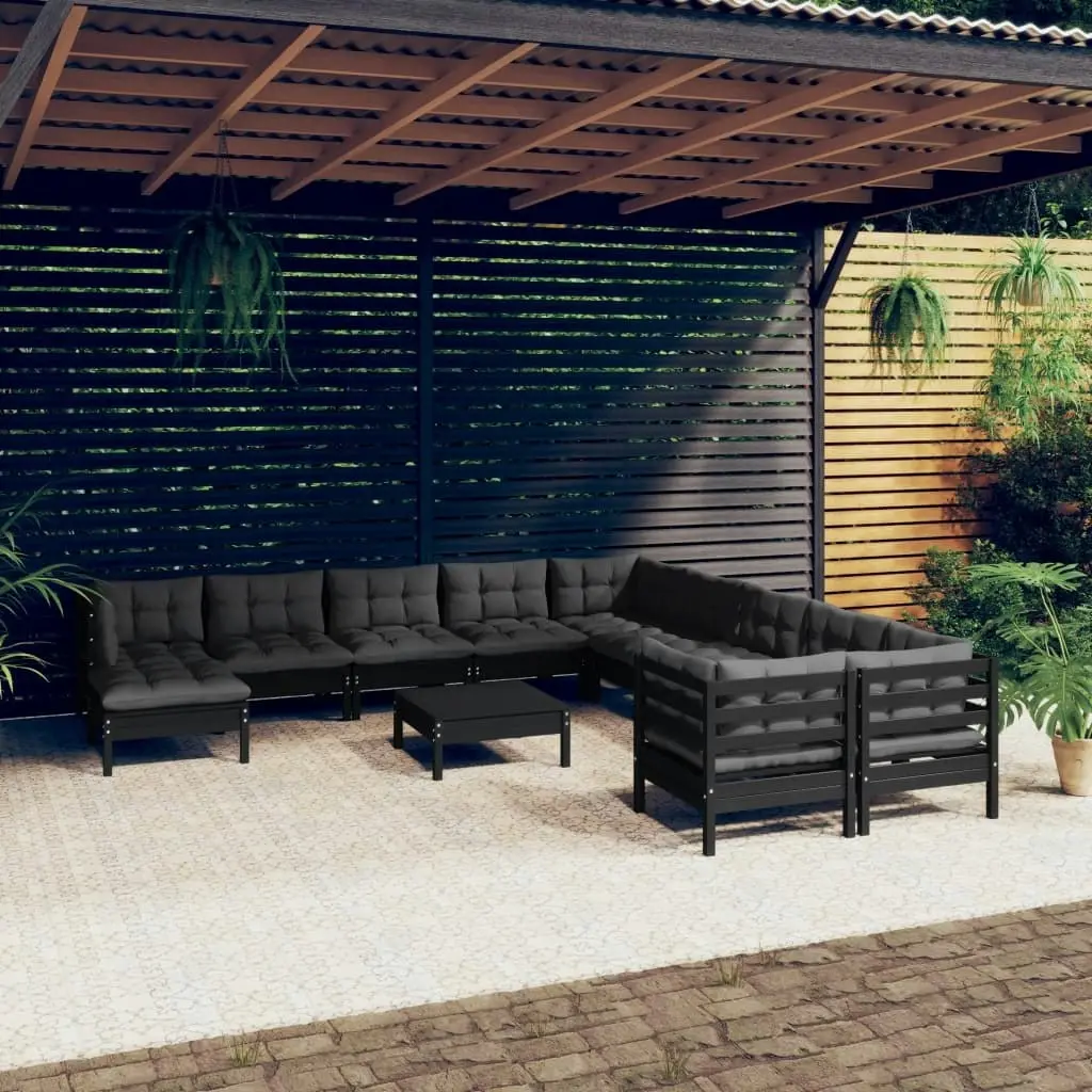 12 Piece Garden Lounge Set with Cushions Black Pinewood 3097065