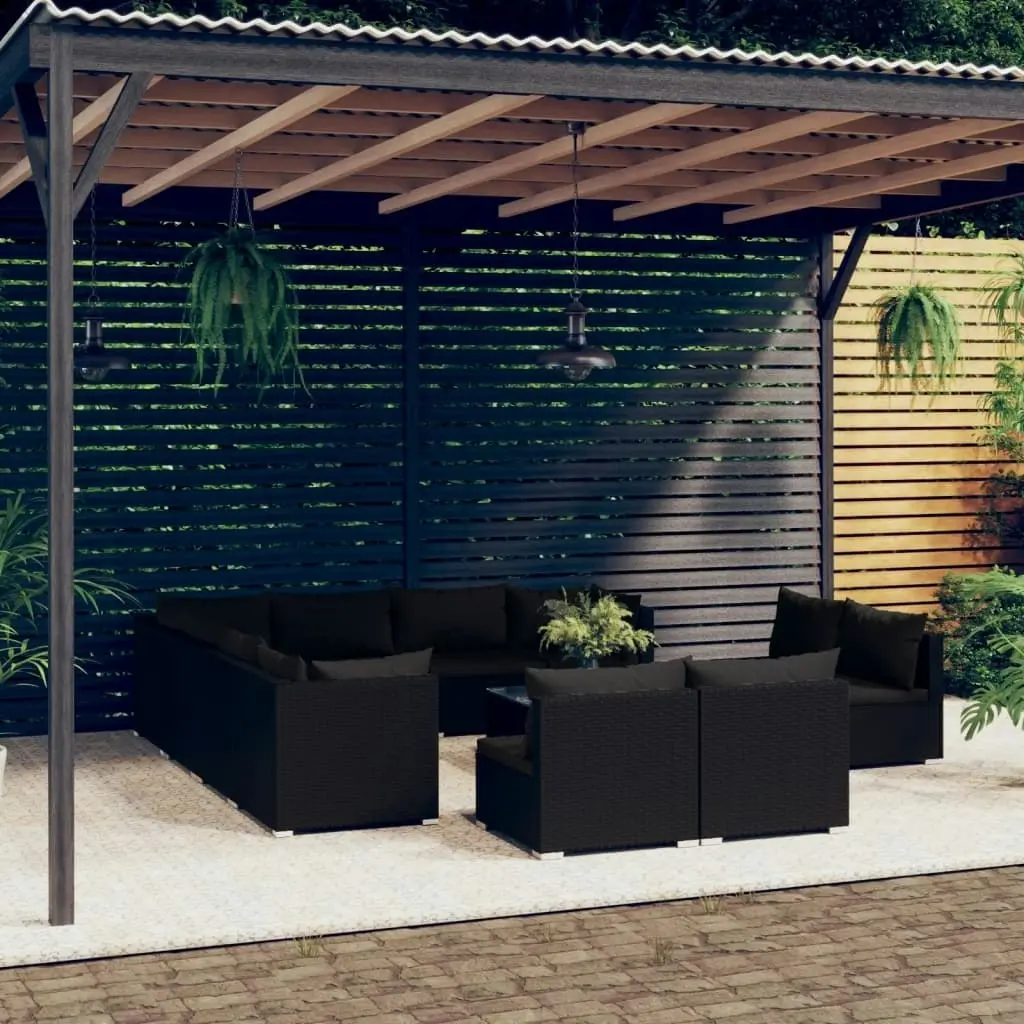 12 Piece Garden Lounge Set with Cushions Black Poly Rattan 3102832