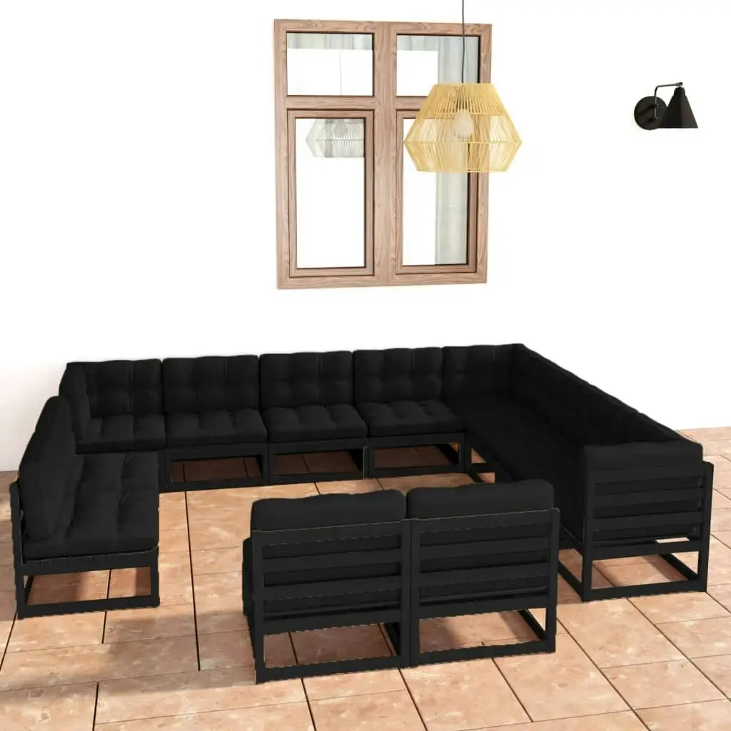 12 Piece Garden Lounge Set with Cushions Black Solid Pinewood 3076948