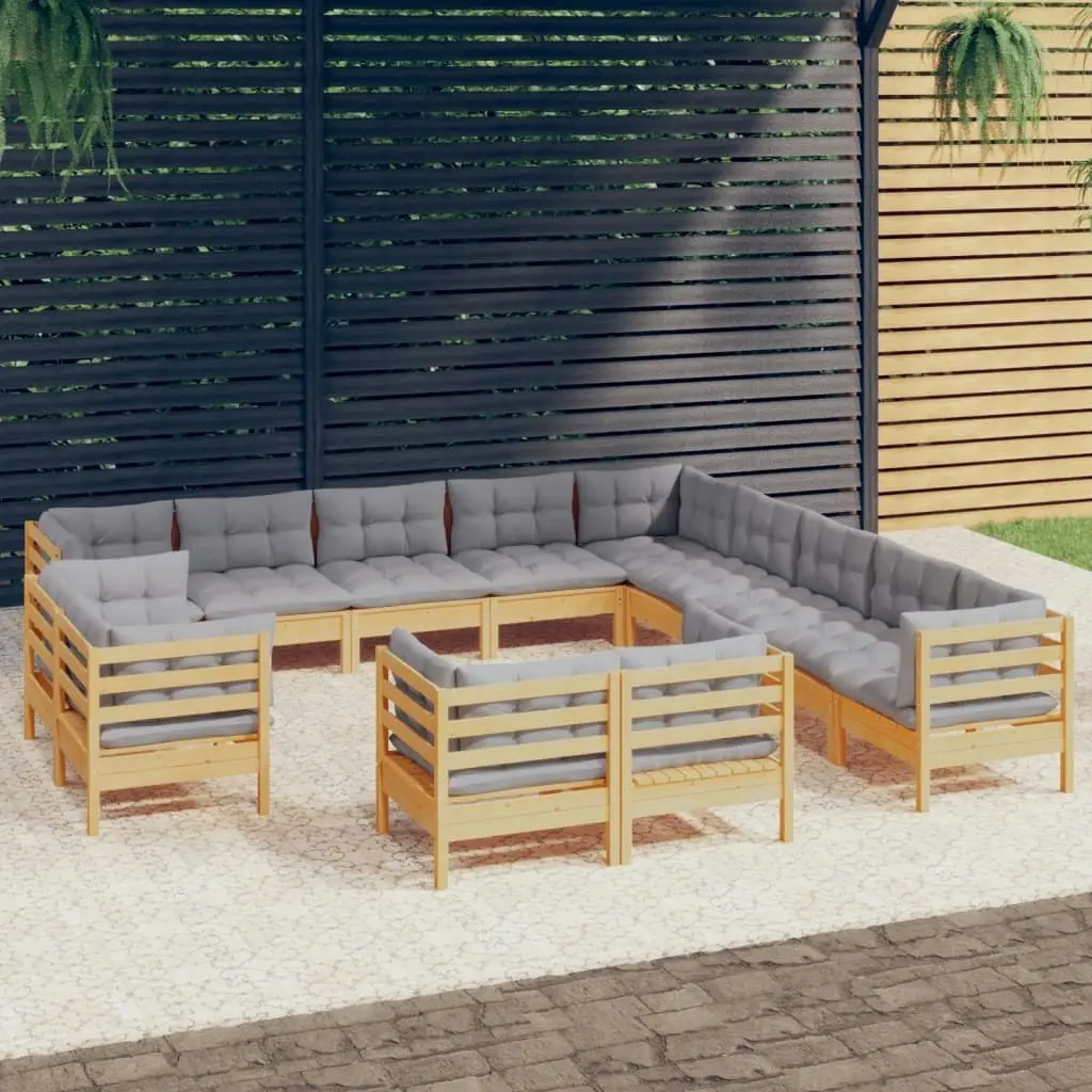 13 Piece Garden Lounge Set with Grey Cushions Solid Pinewood 3096958