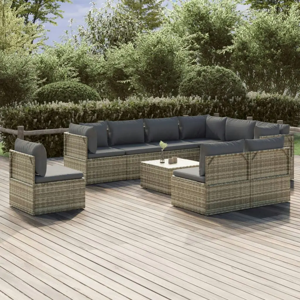 10 Piece Garden Lounge Set with Cushions Grey Poly Rattan 3157431