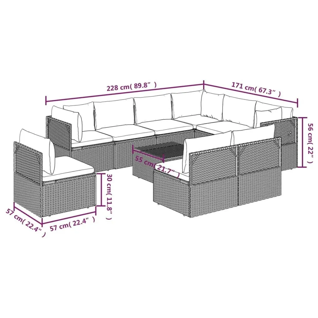 10 Piece Garden Lounge Set with Cushions Grey Poly Rattan 3157431