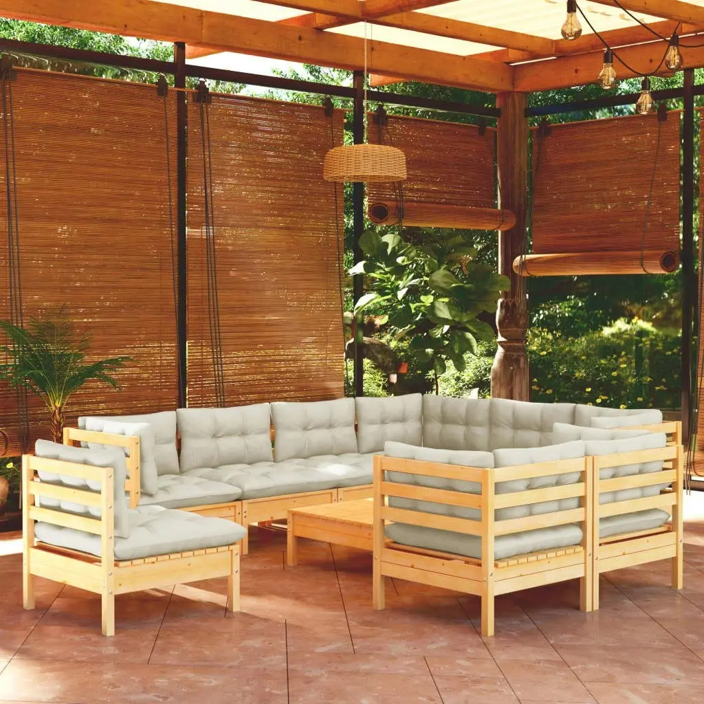 10 Piece Garden Lounge Set with Cream Cushions Solid Pinewood 3096773