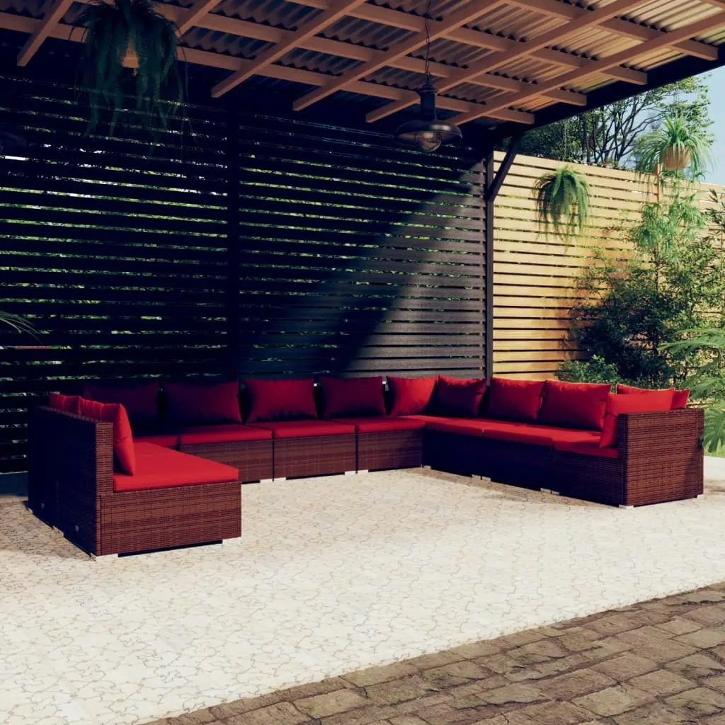 10 Piece Garden Lounge Set with Cushions Brown Poly Rattan 3102435