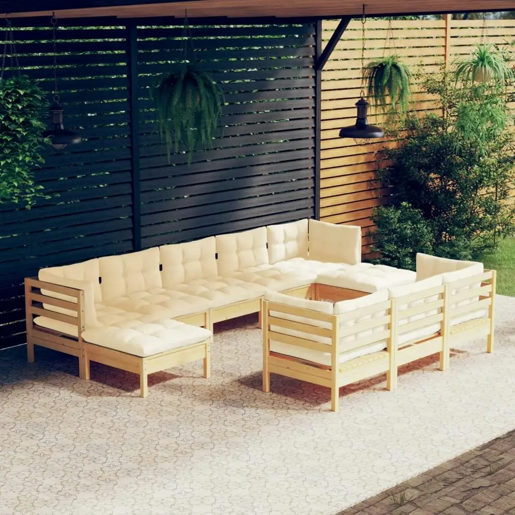 10 Piece Garden Lounge Set with Cream Cushions Solid Pinewood 3097139