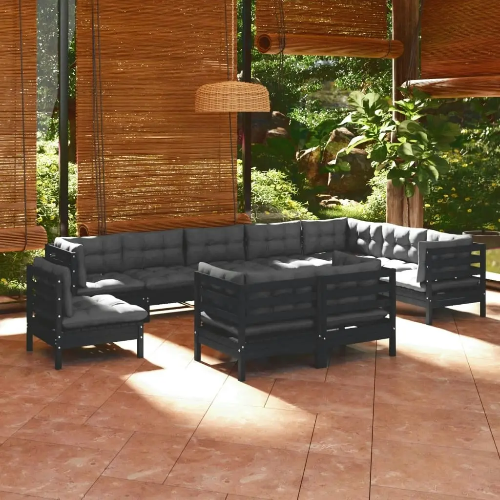 10 Piece Garden Lounge Set with Cushions Black Solid Pinewood 3096783